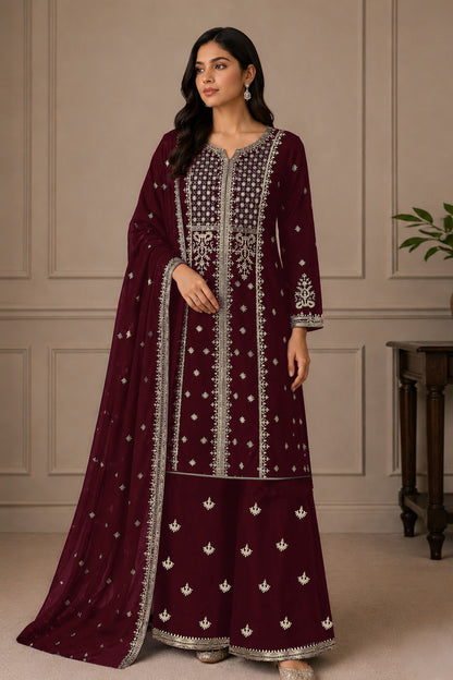 Flared Palazzo Pants for Women in wine shown from the front
