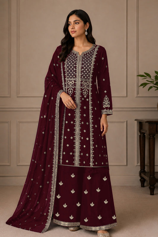 Flared Palazzo Pants for Women in wine shown from the front