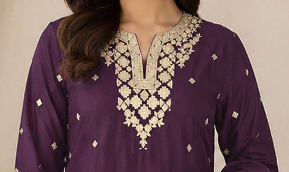 Heavy Embroidered Sequence detail on purple palazzo