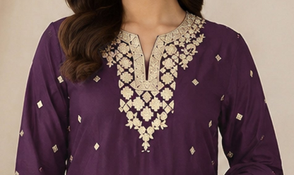 Heavy Embroidered Sequence detail on purple palazzo