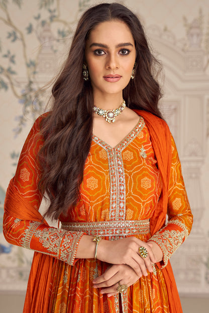 Close up of heavy embroidery work on anarkali