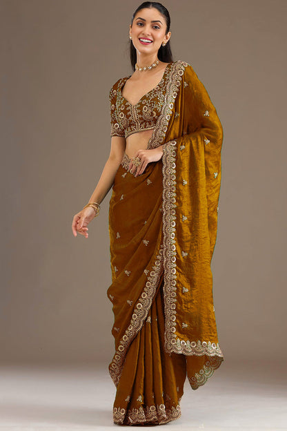 Gold Saree styled for wedding reception evening