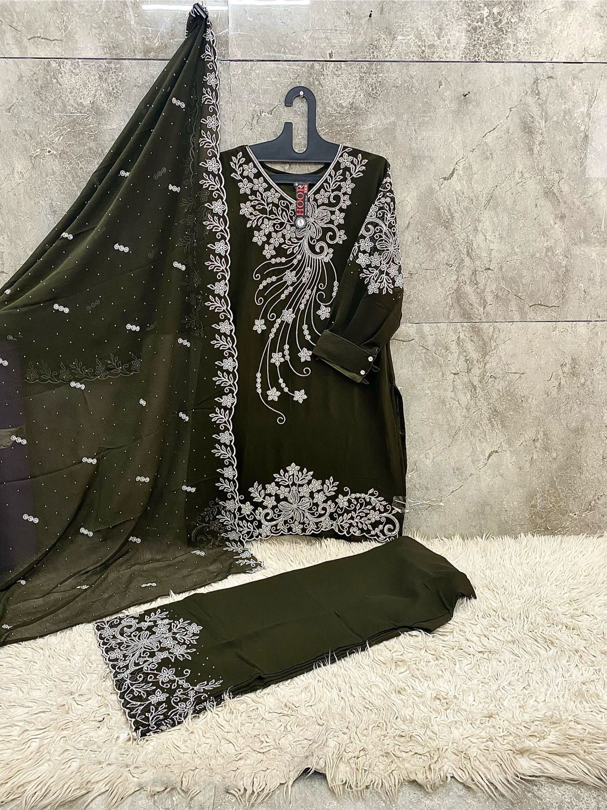 Olive green festive outfit featuring Embroidery & Zarkan Work