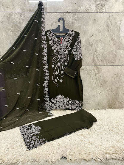 Olive green festive outfit featuring Embroidery & Zarkan Work