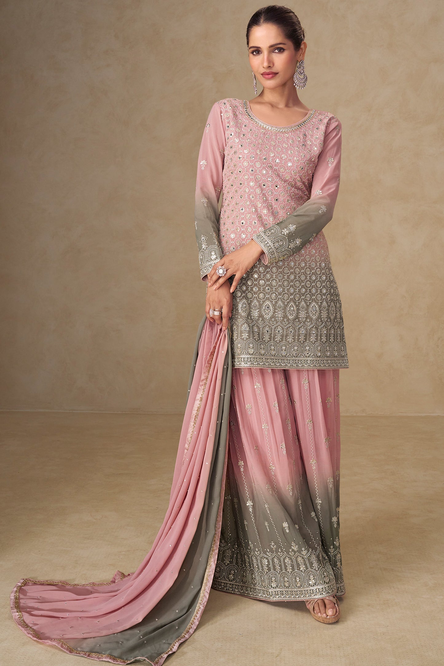 Front view of blush pink palazzo suit with matching dupatta