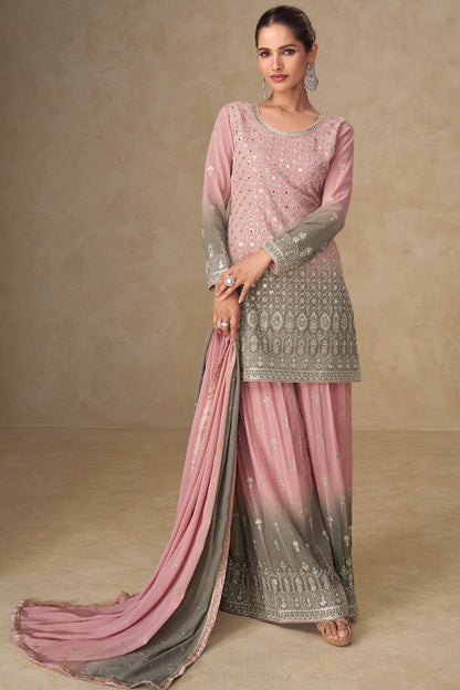 Front view of blush pink palazzo suit with matching dupatta