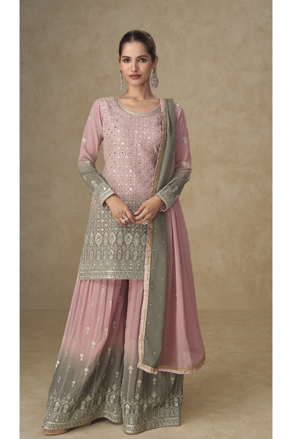 Blush pink heavy palzzo dress front view with embroidered work