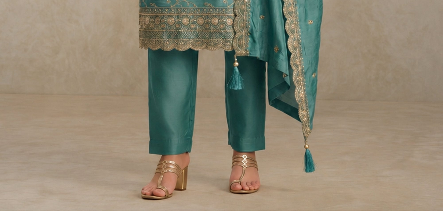 Heavy thread sequin embroidery work on silk kameez fabric