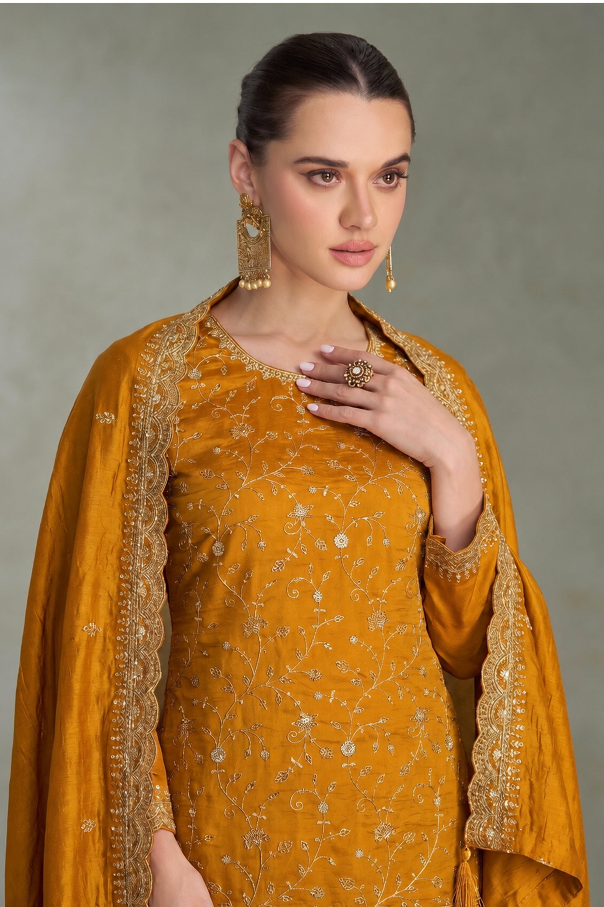Party wear salwar dress in mustard yellow shade