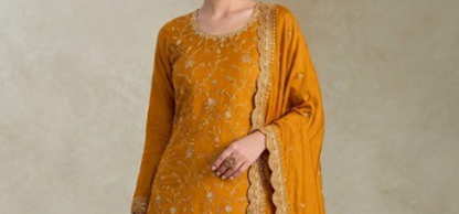 Party wear salwar dress in mustard yellow shade