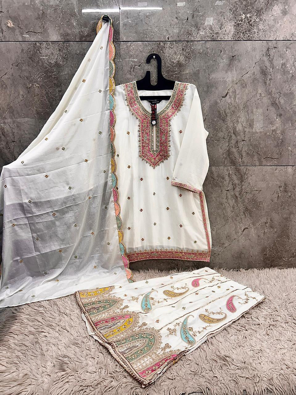 White Hevay Chinon sharara set with coordinated styling
