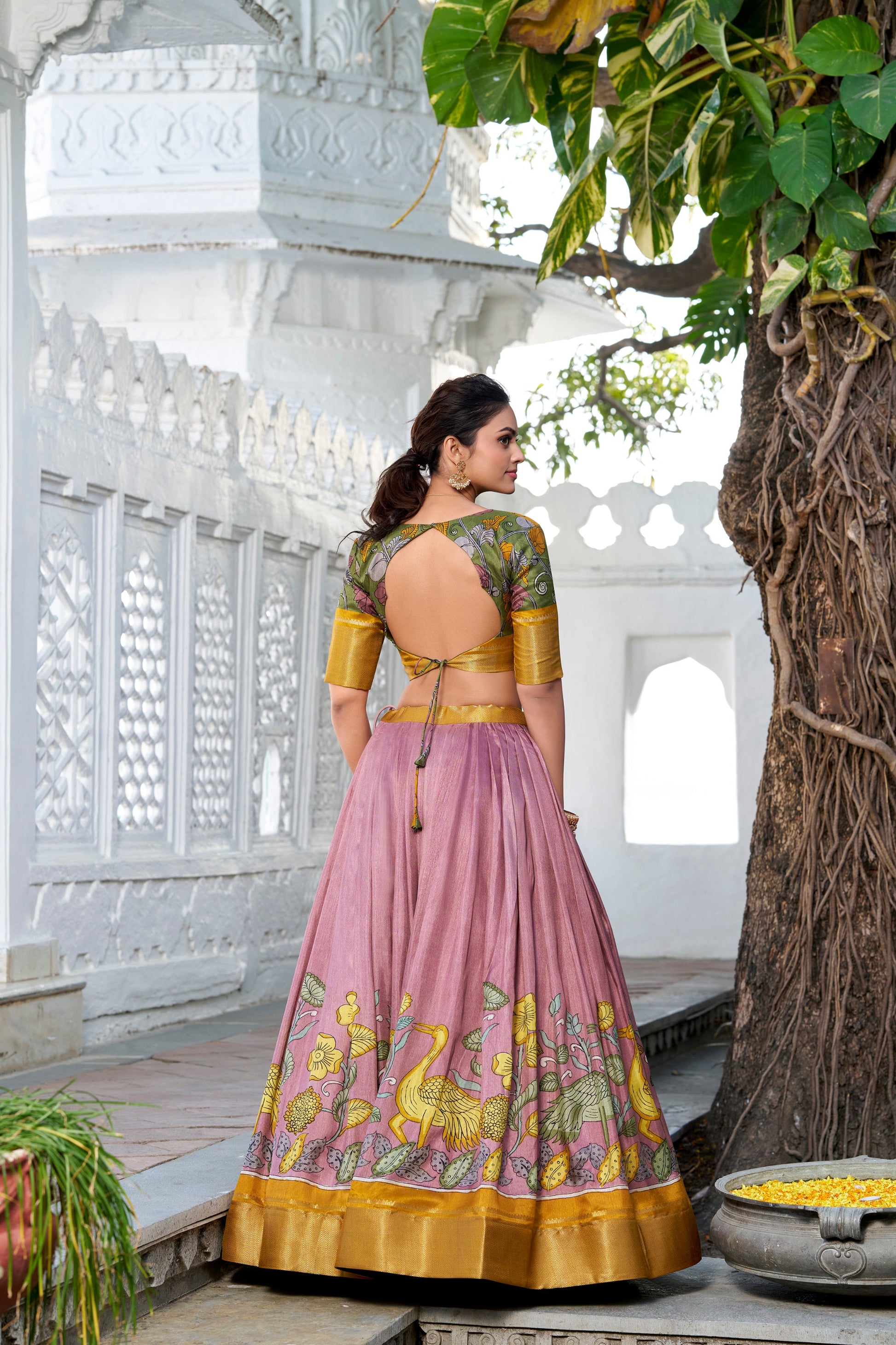 Lehenga choli with zari accents and printed motifs