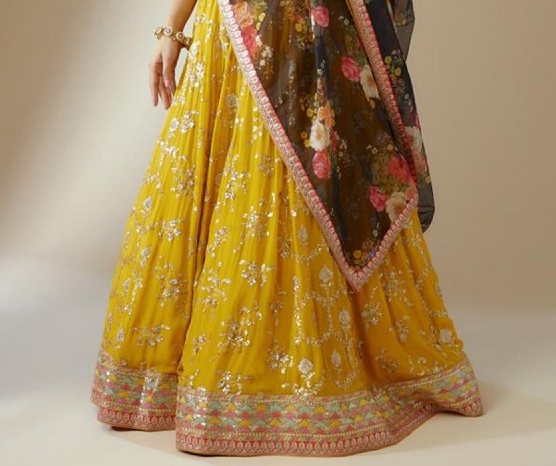 yellow lehenga choli embroidery texture front angle