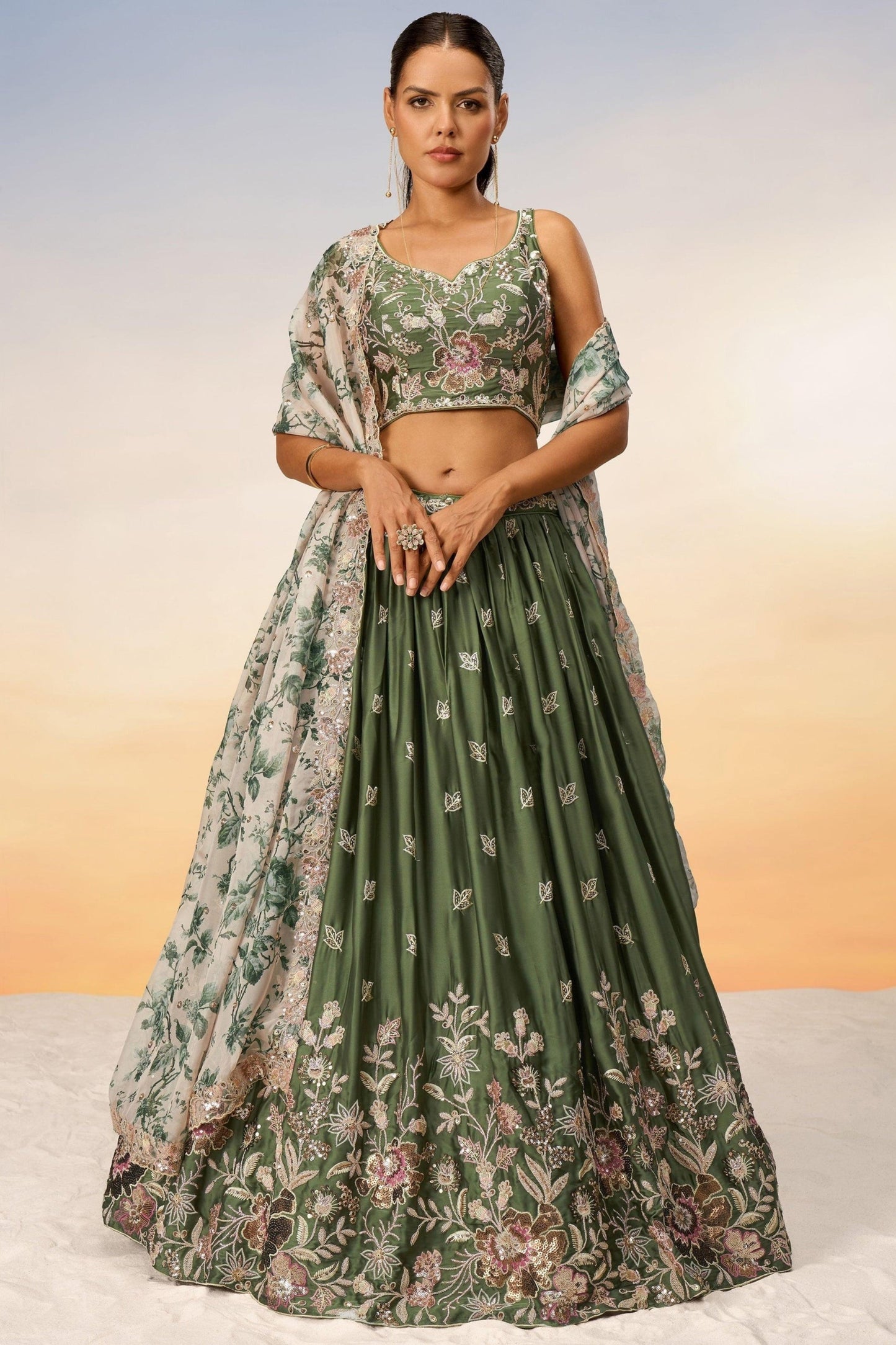 Indian lehenga choli for wedding in dark green front view