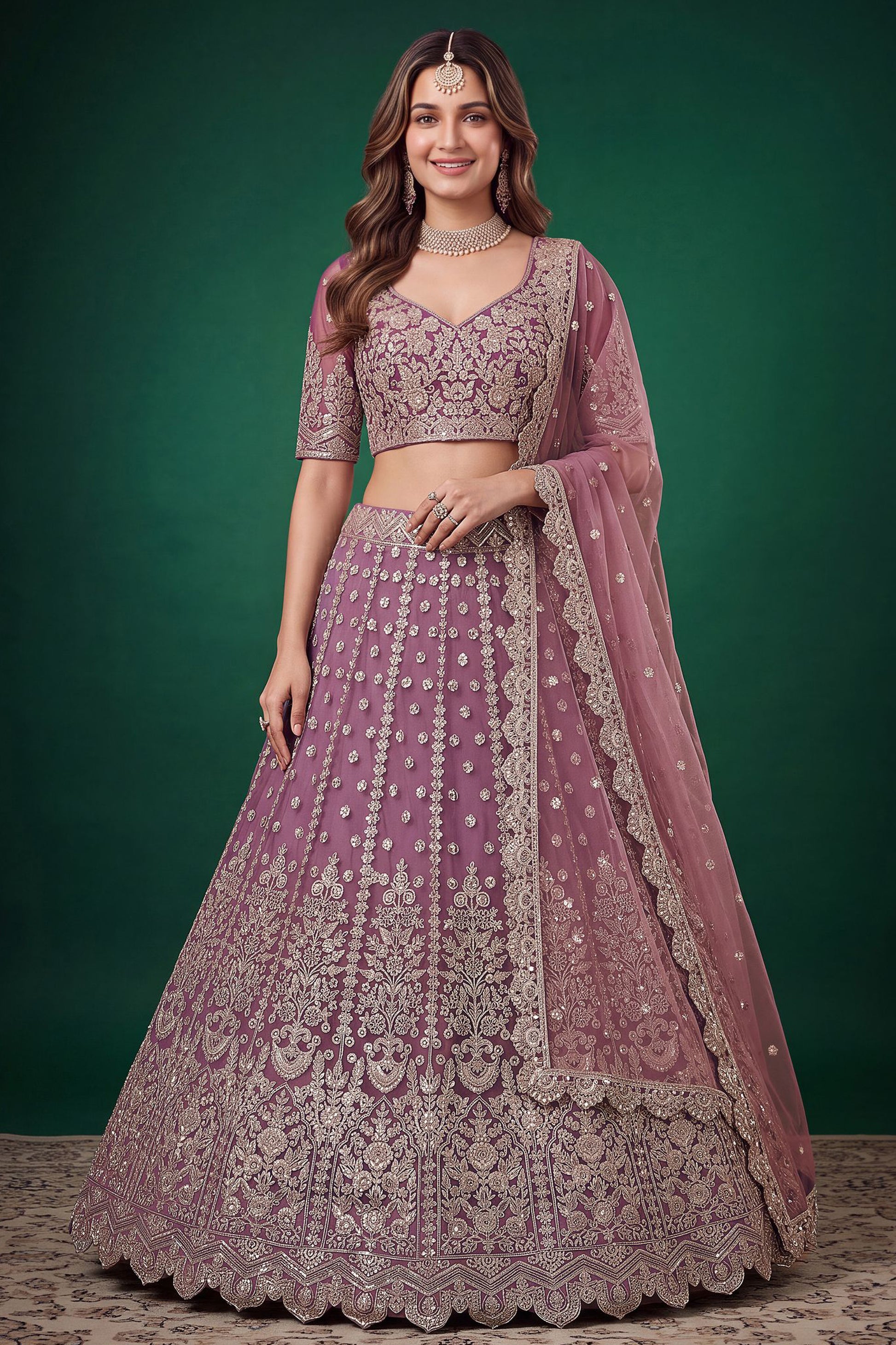 Light purple Indian lehenga choli for wedding with embroidered details