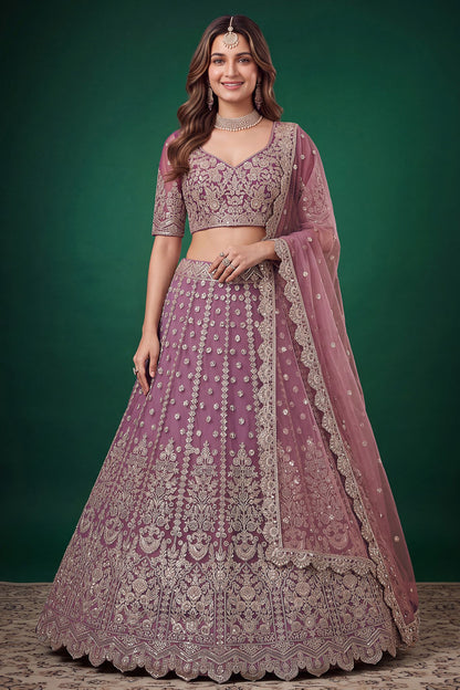 Light purple Indian lehenga choli for wedding with embroidered details