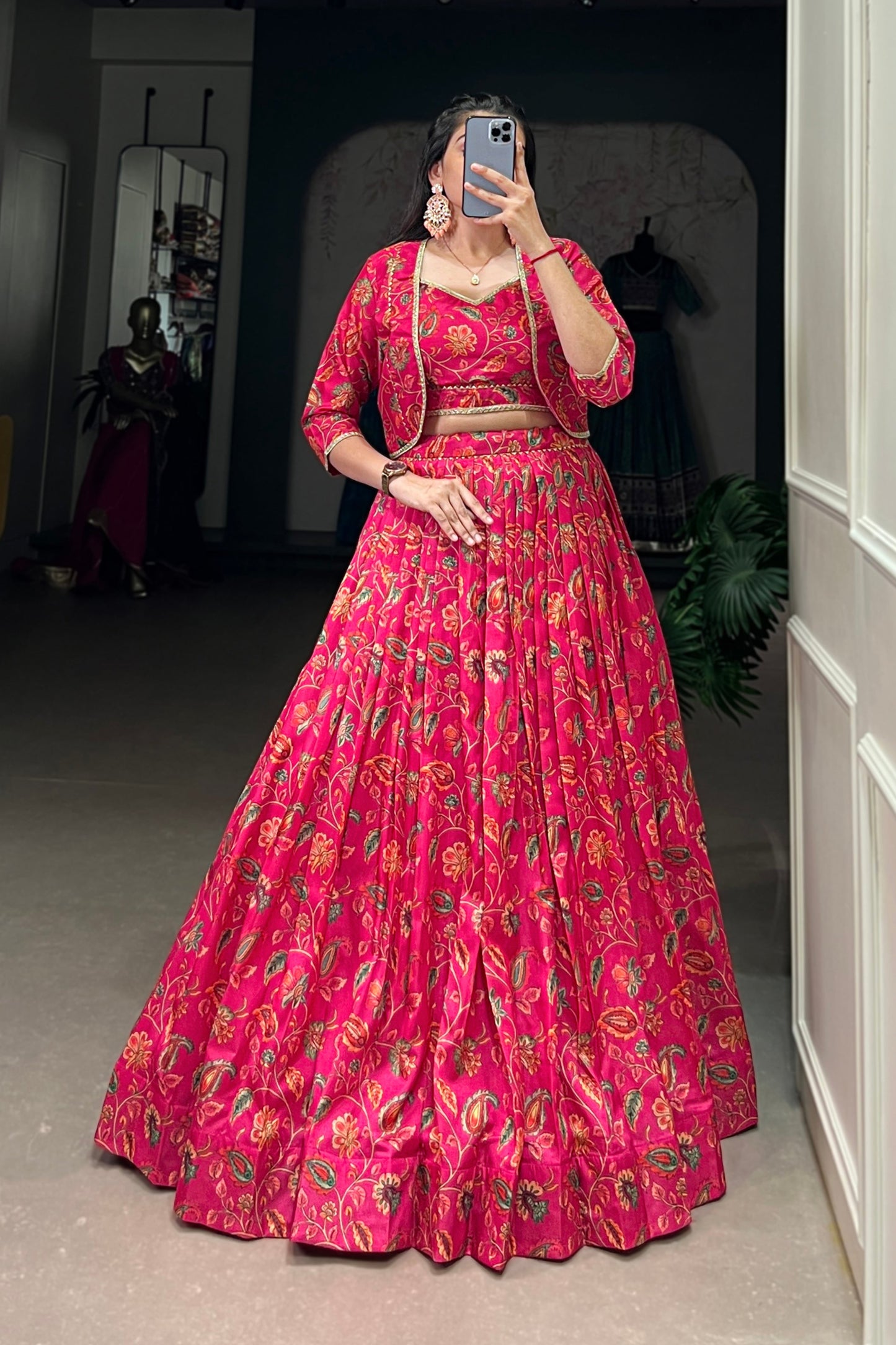 pink indian marriage lehenga full front view with floral print