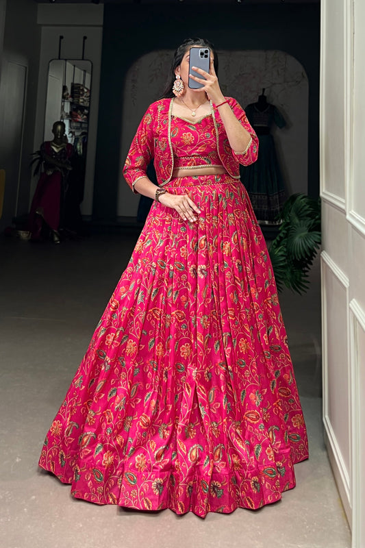 pink indian marriage lehenga full front view with floral print