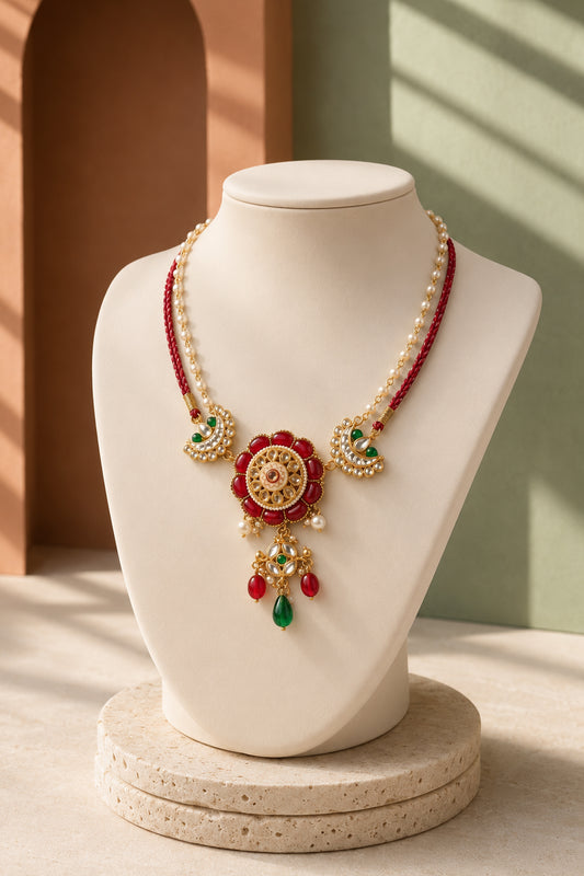 Indian necklace displayed on a cream jewellery bust