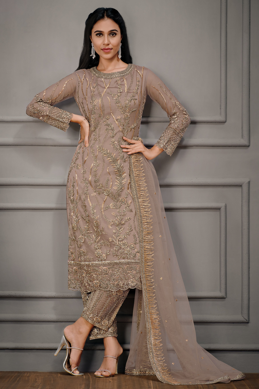 brown salwar suit with net dupatta plus size detail
