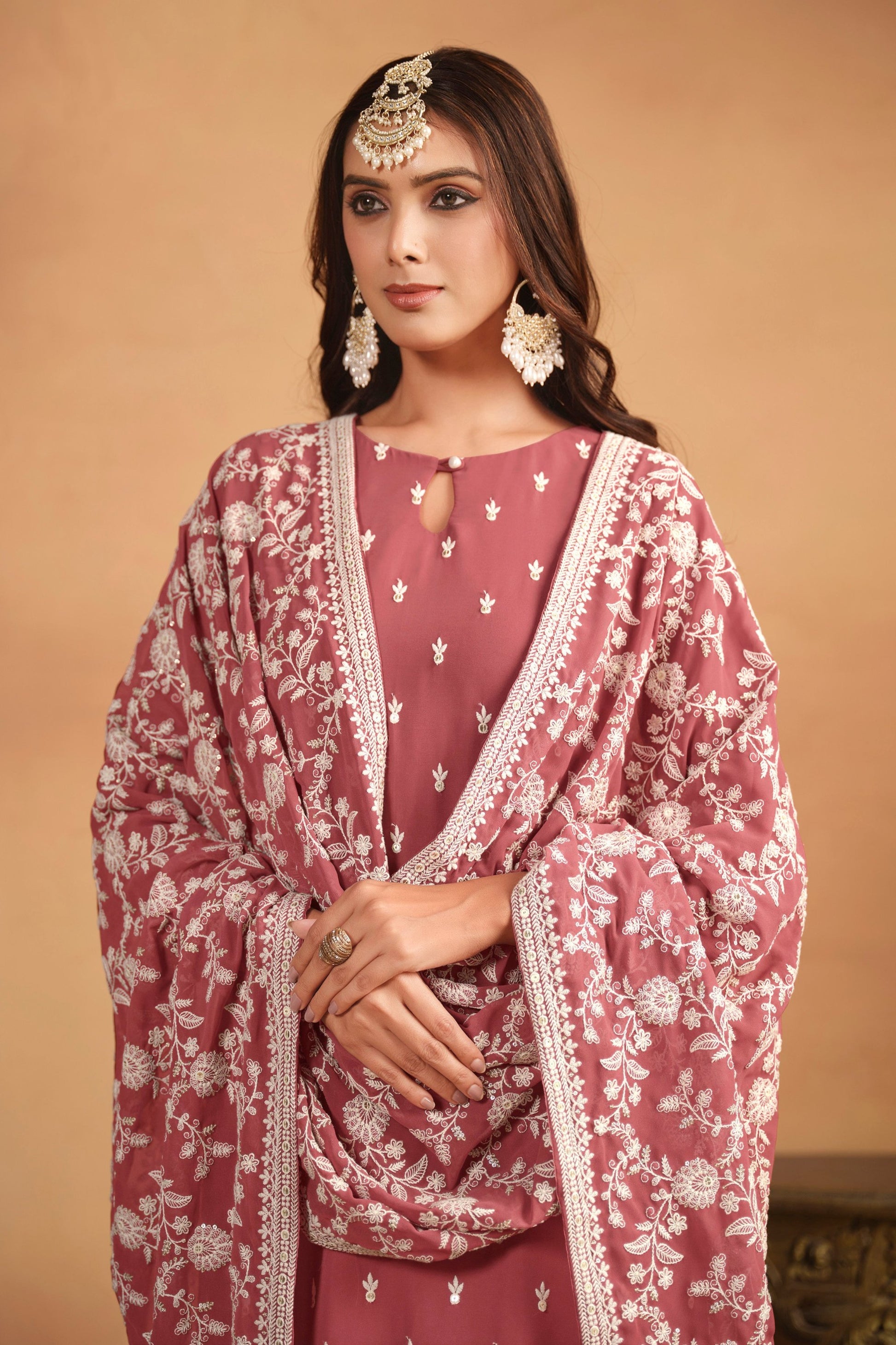 Peach salwar suit neckline view
