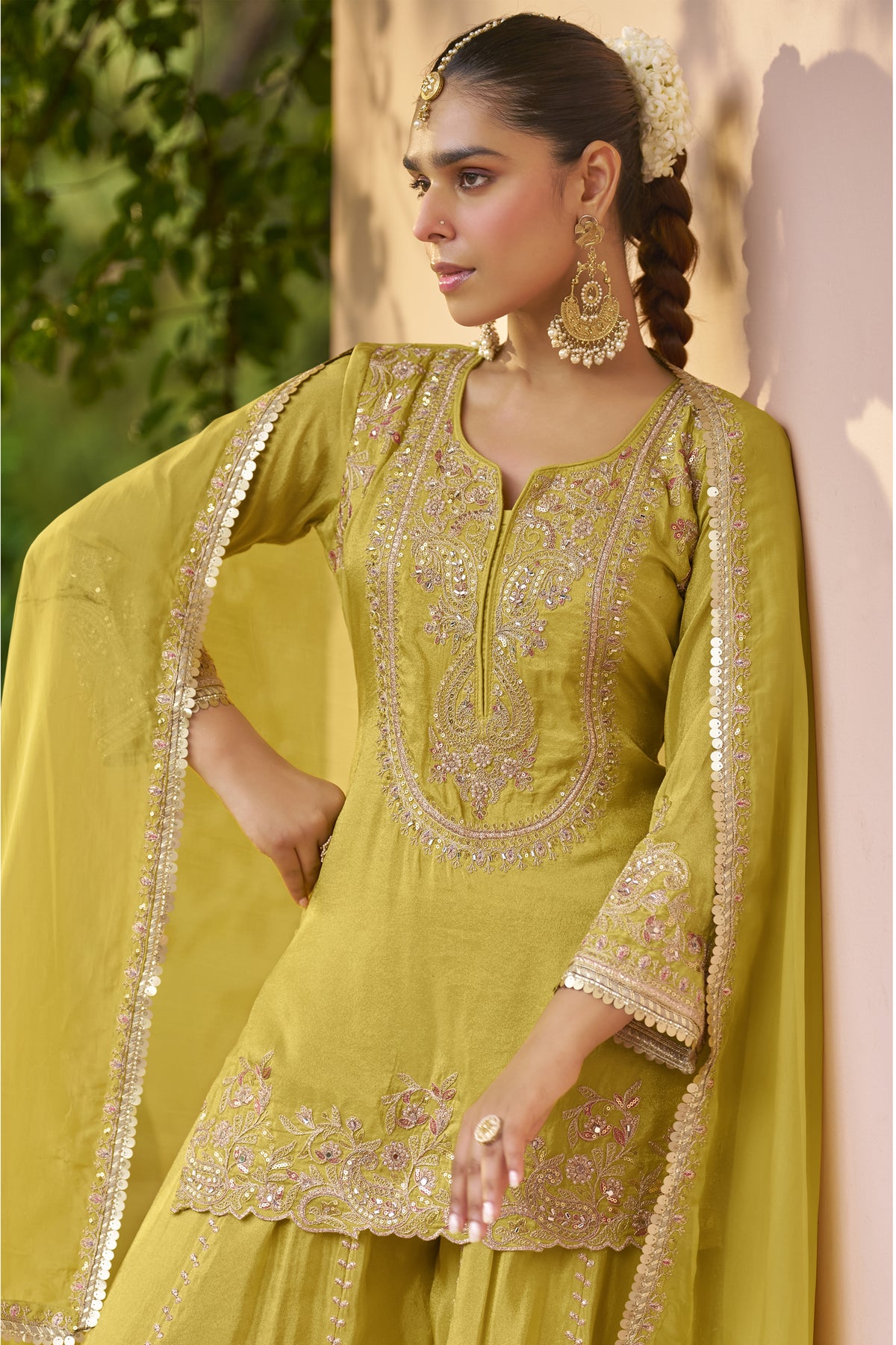 Indian sharara suits in mustard-lime yellow with embroidery work
