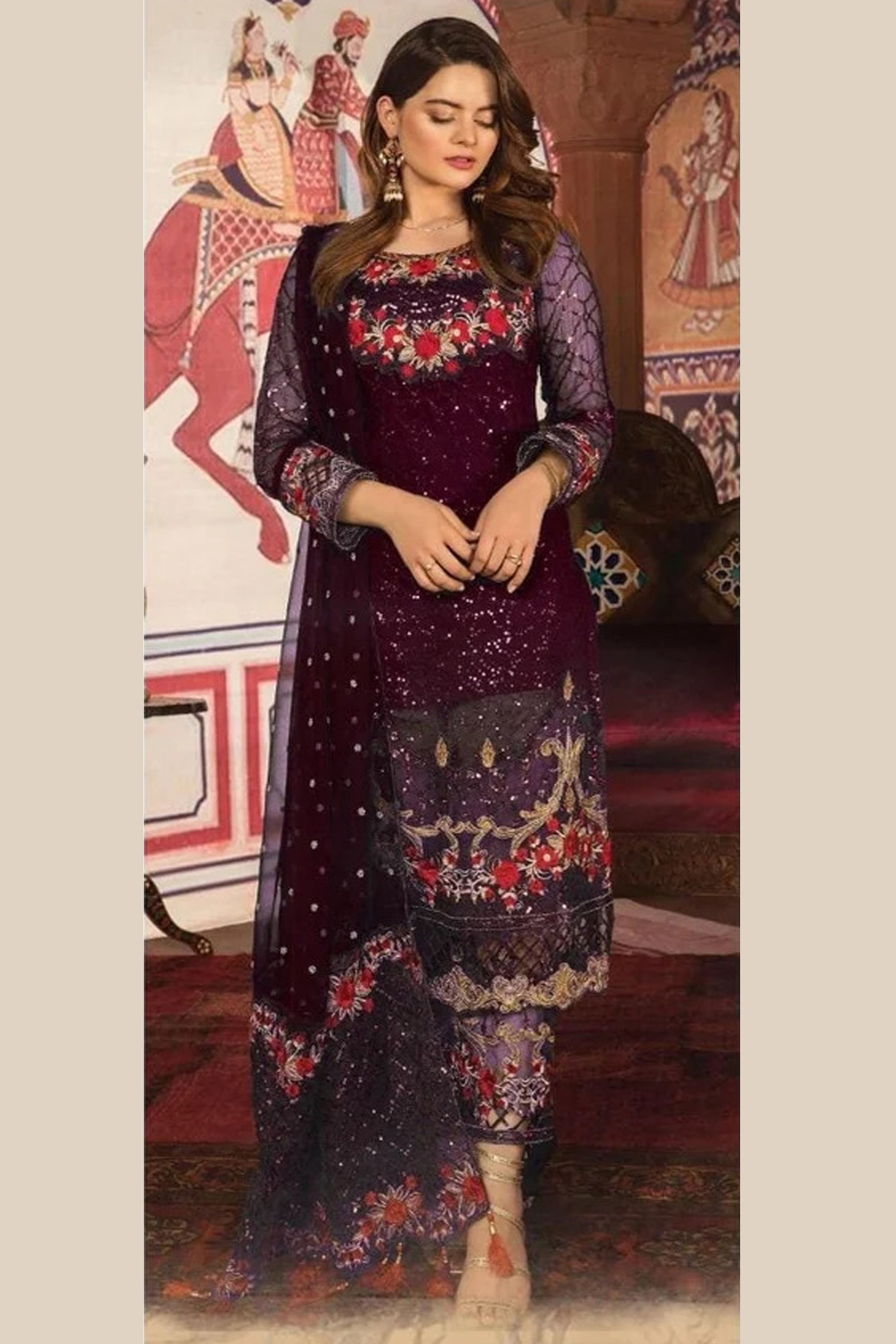 Dark purple indian suits front view on model