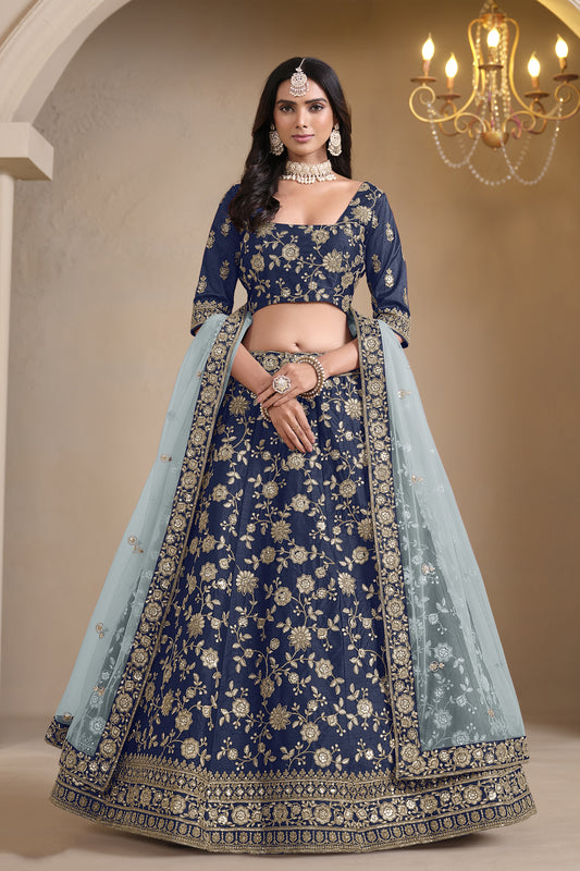 Blue indian wedding outfits lehenga choli front view