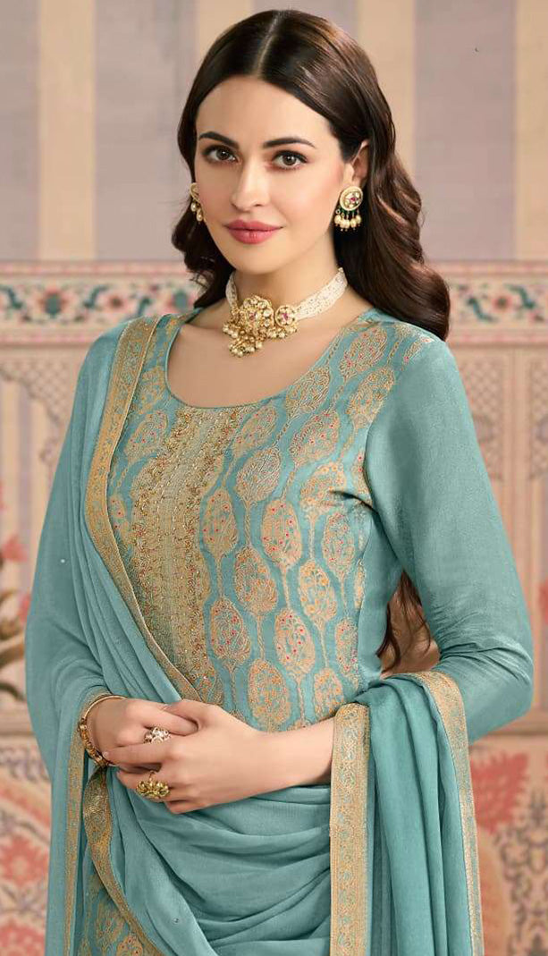 Side profile of sky blue pant suit ethnic outfit