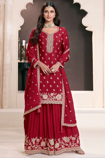 Red Embroidered Designer 
Traditional Look Palazzo Suit With Beautiful Dupatta