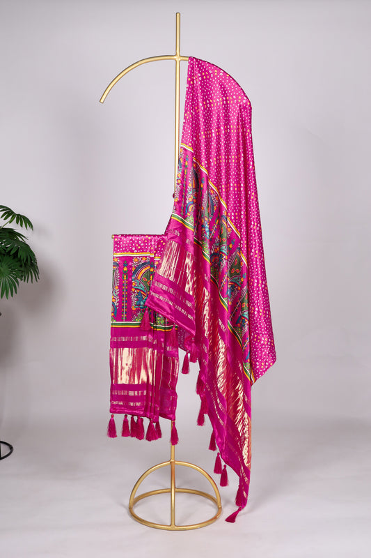 Pink bandhani dupatta detailed with tassels