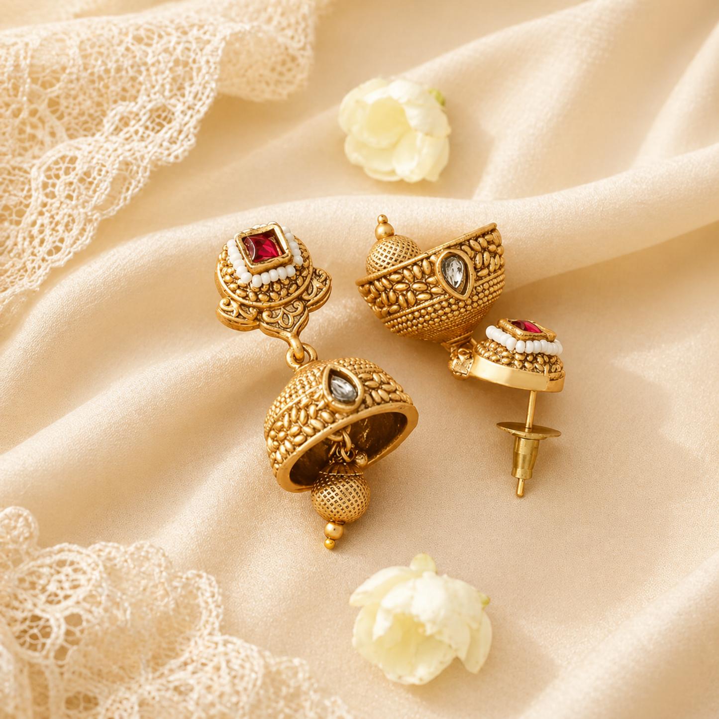 Detailed gold-tone jhumka earring set