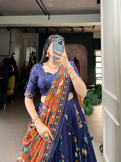 Close-up of Kalamkari work on navy blue color lehenga