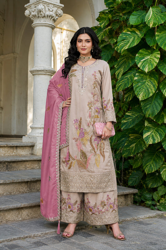 Beige Kameez Palazzo With Embroidery Fancy Coding Dori Work
