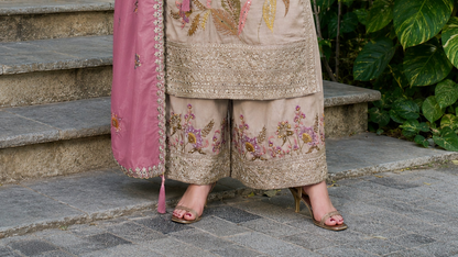 Beige Simmer Palazzo Set With Floral Dhaga Embroidery