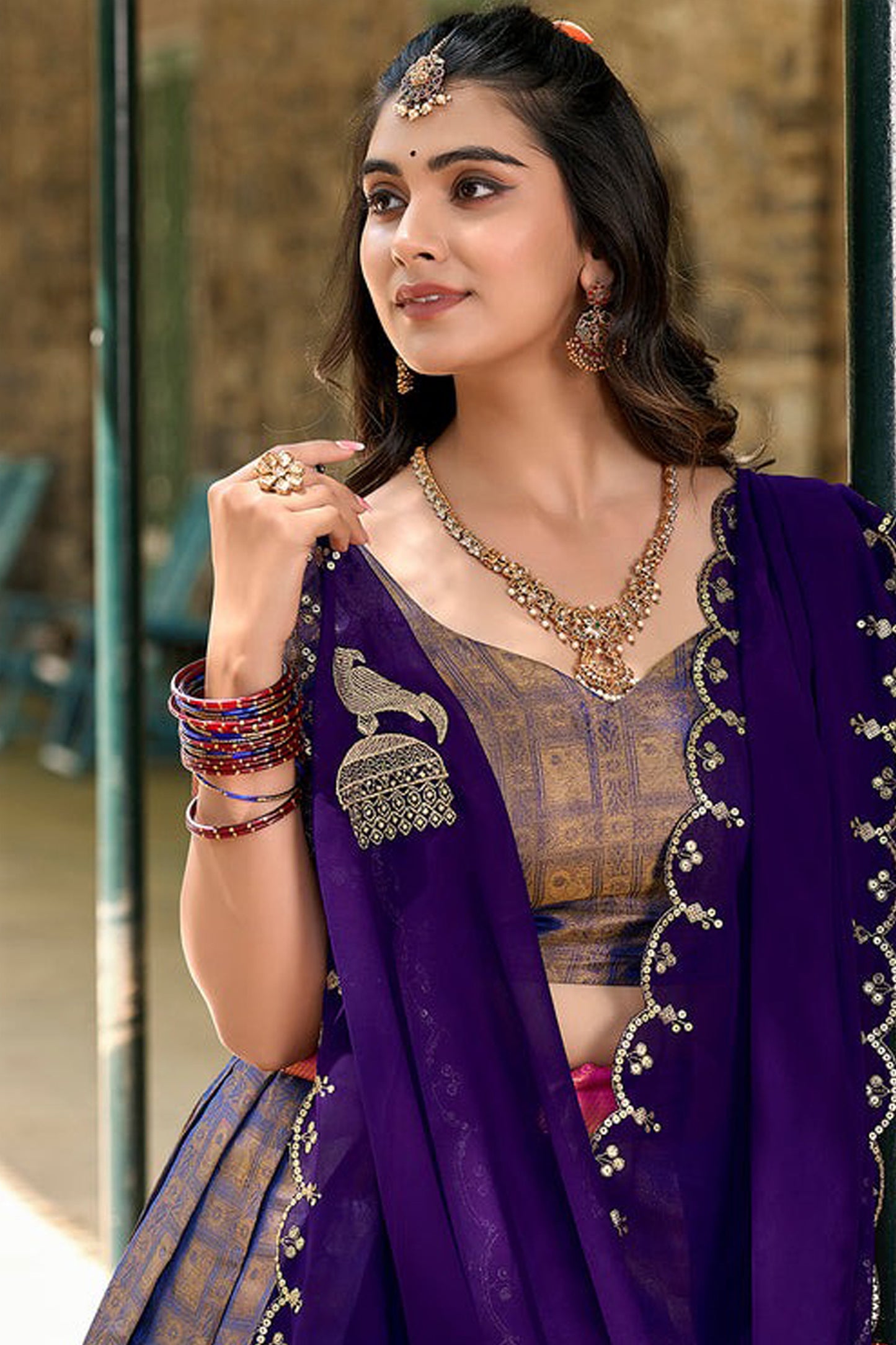 Close-up of zari weaving work on Kanjivaram lehenga