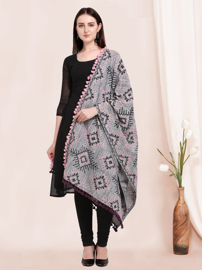 Artisan embroidery on khadi cotton dupatta close view