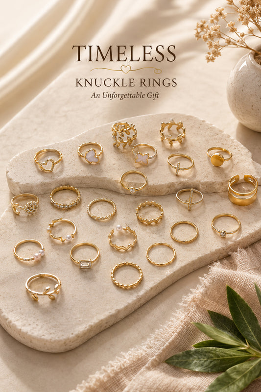 Model wearing layered gold-tone rings in a warm editorial portrait