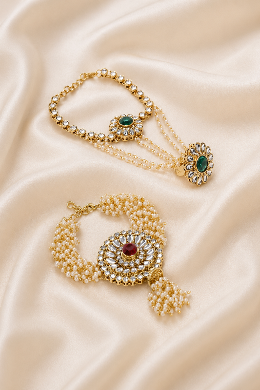 kundan hand harness bracelet with green center stone