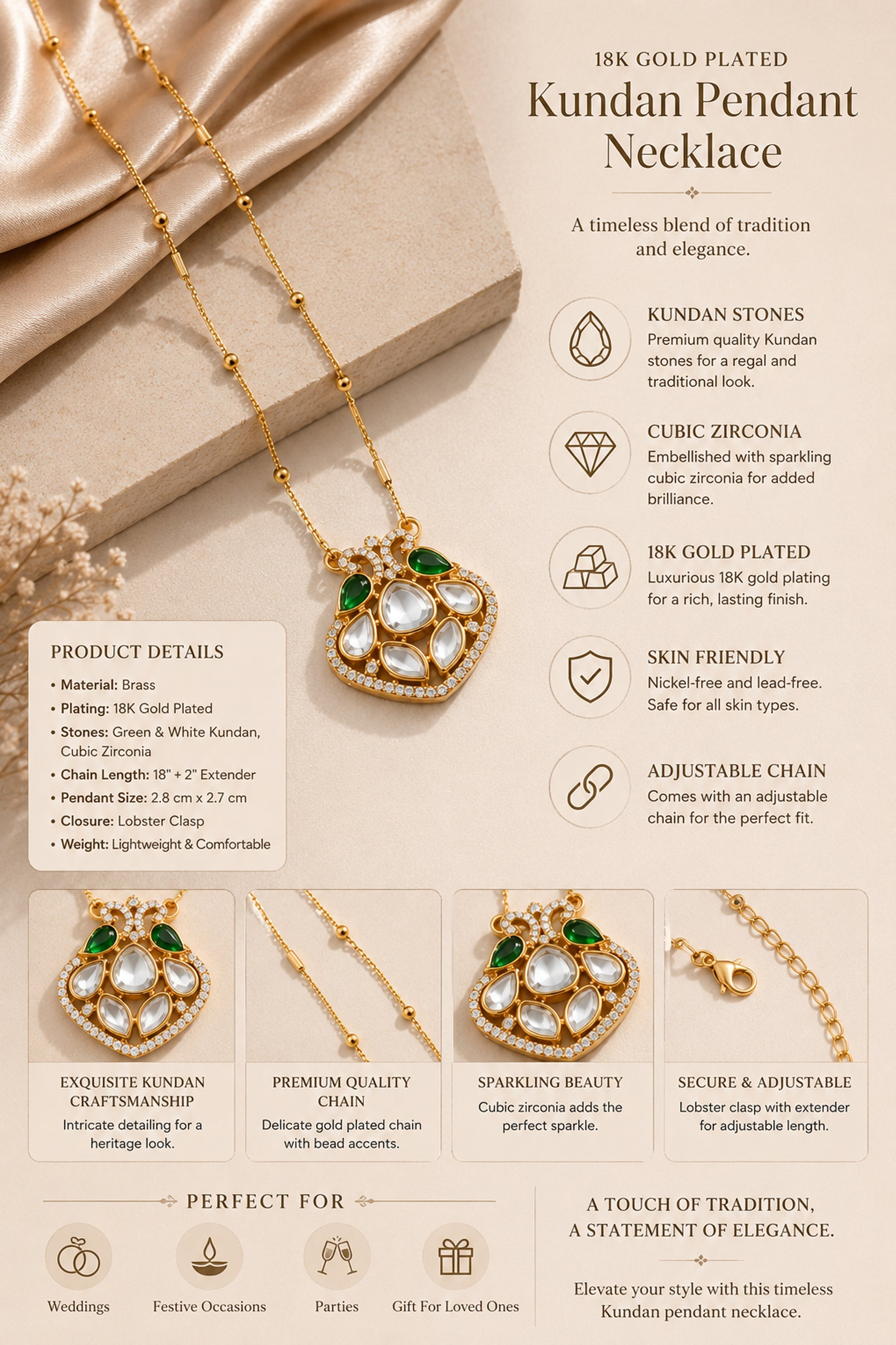 Gold-plated fashion necklace shown with lobster clasp and extender
