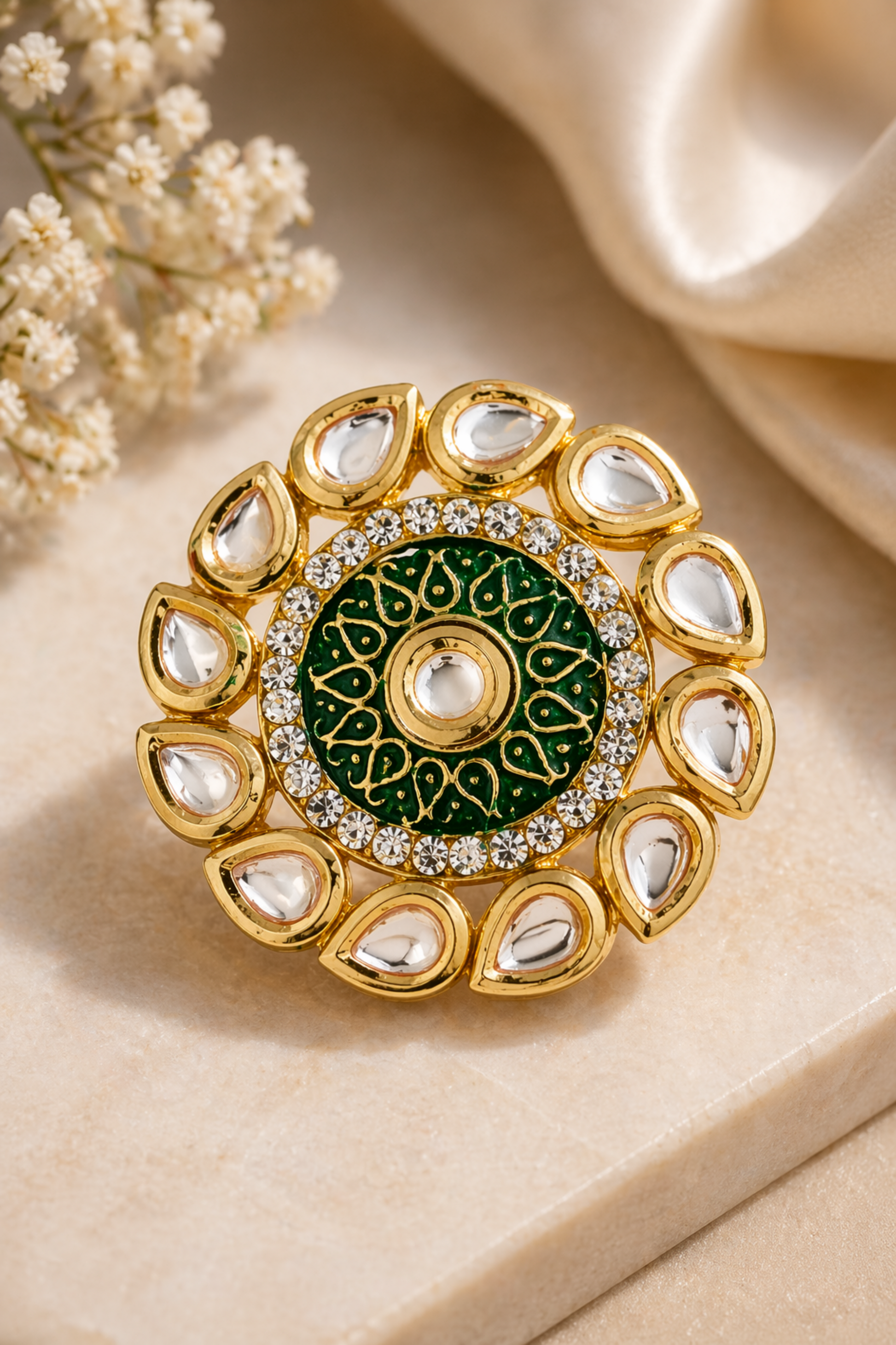 designer floral kundan ring gold finish