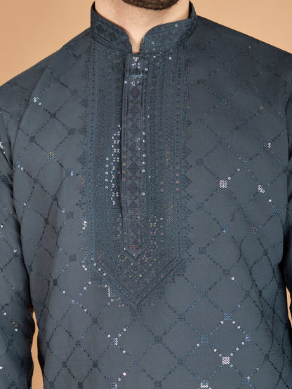 Mens Kurta With Dupatta In Grey Silk Finish