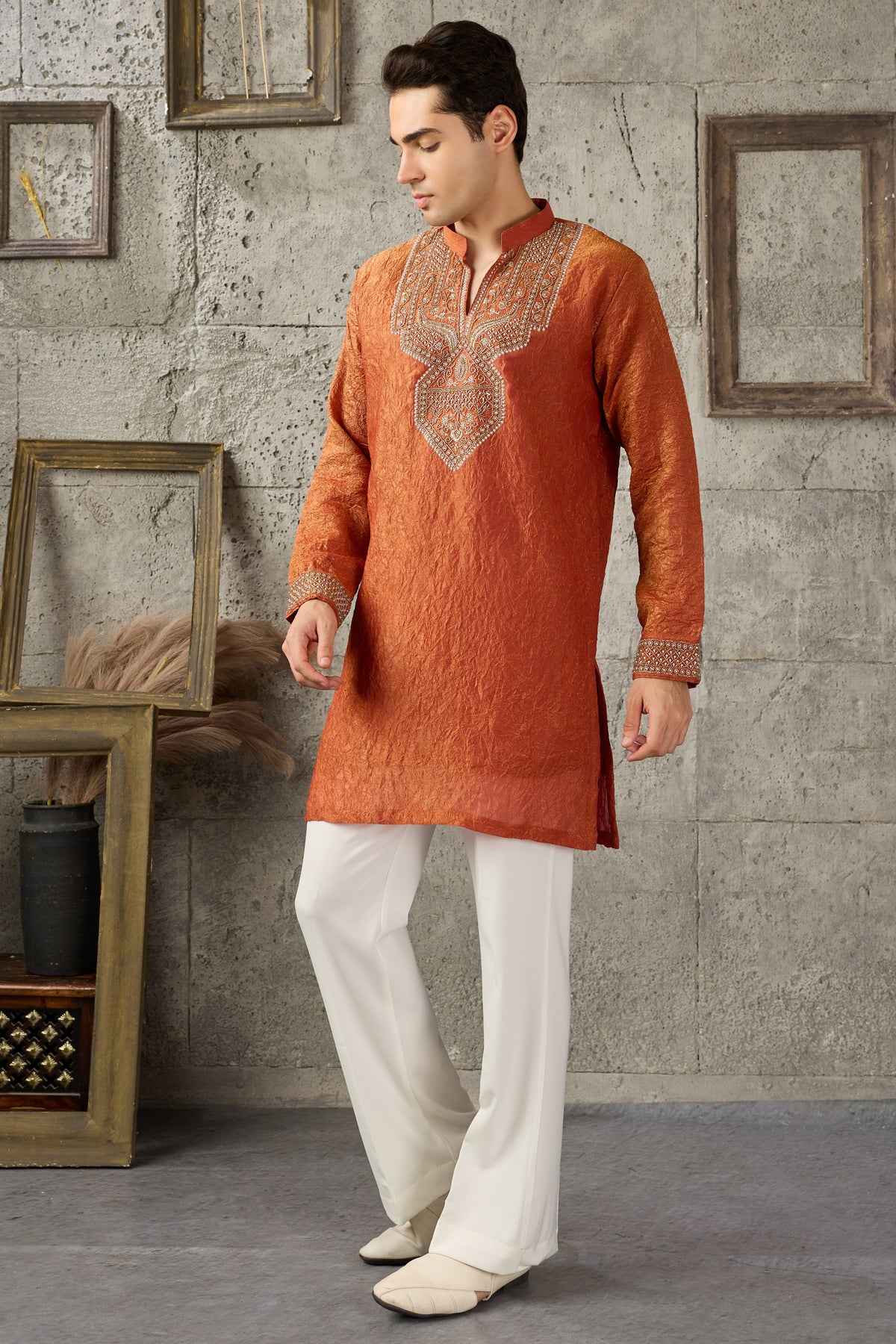 Orange kurta pajama suit front view