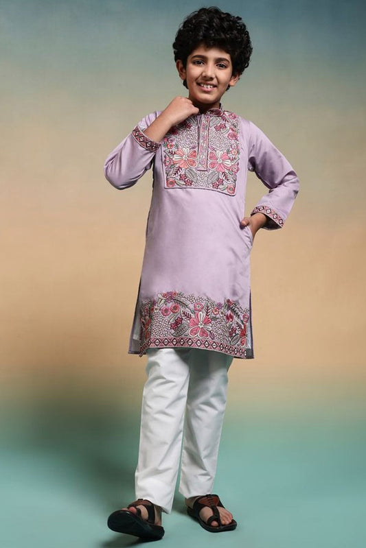 Lavender kurta pant for boys with embroidered front detail
