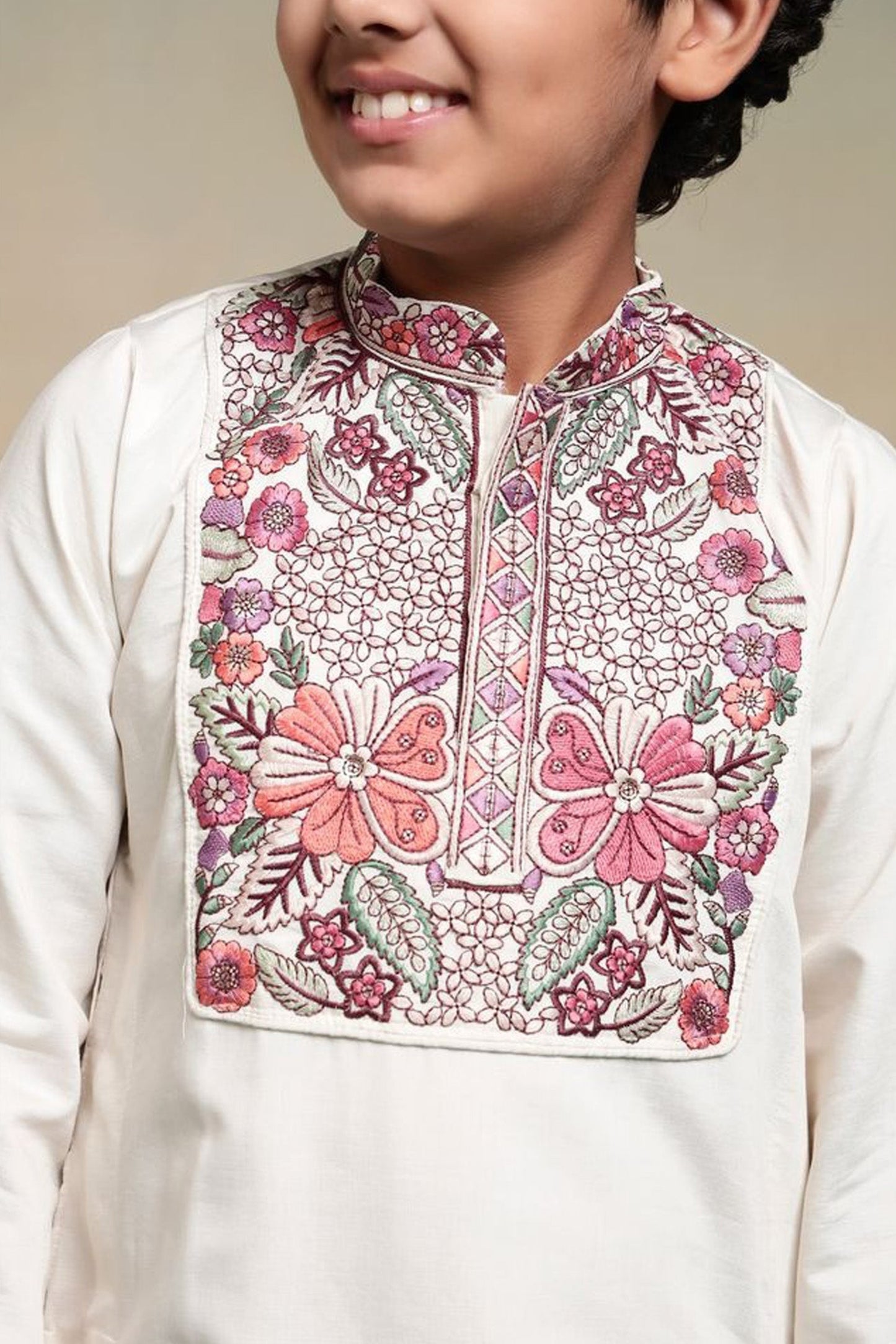 Close view of embroidered viscose silk kurta for boys