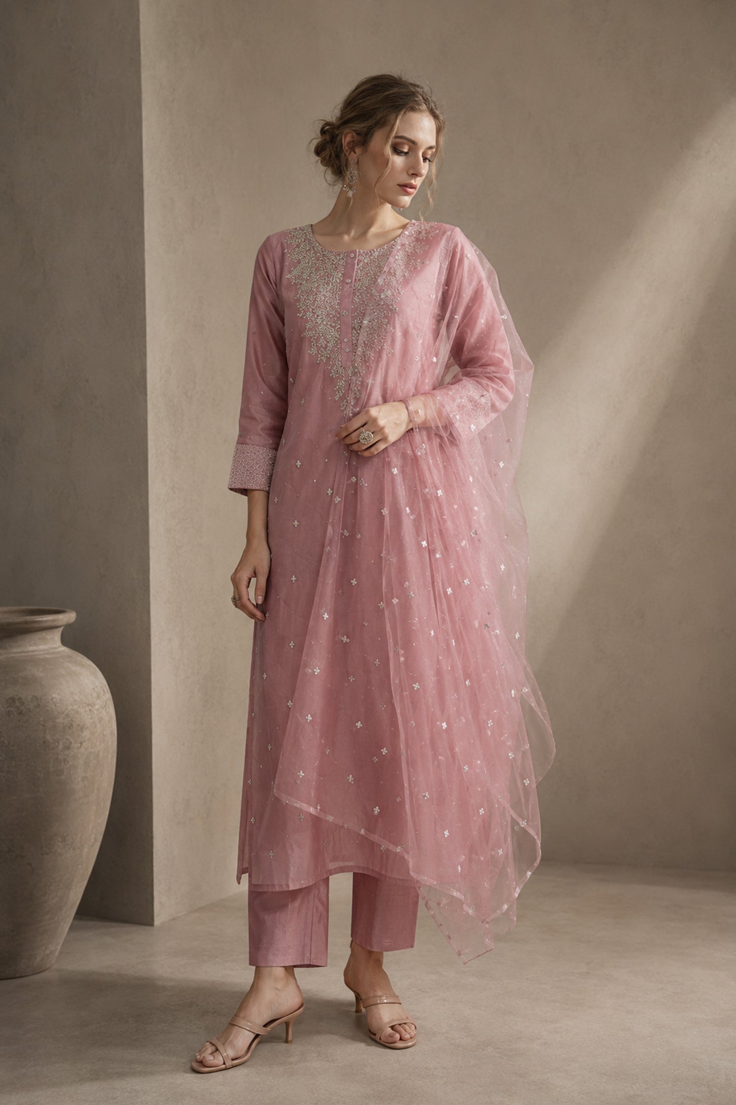Light pink kurta set for women with straight pants and dupatta