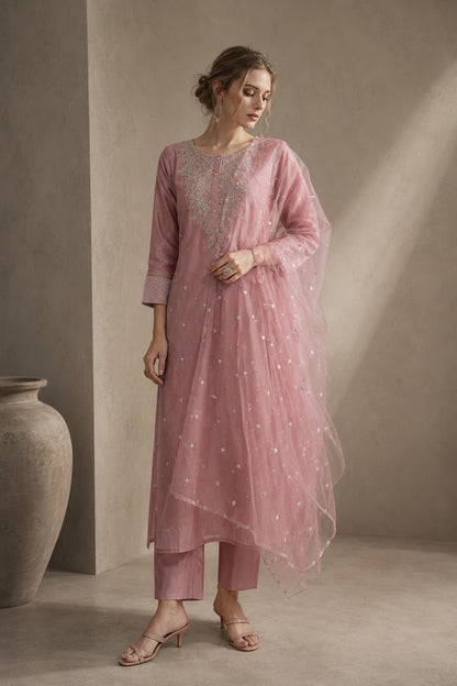 Light pink kurta set for women with straight pants and dupatta