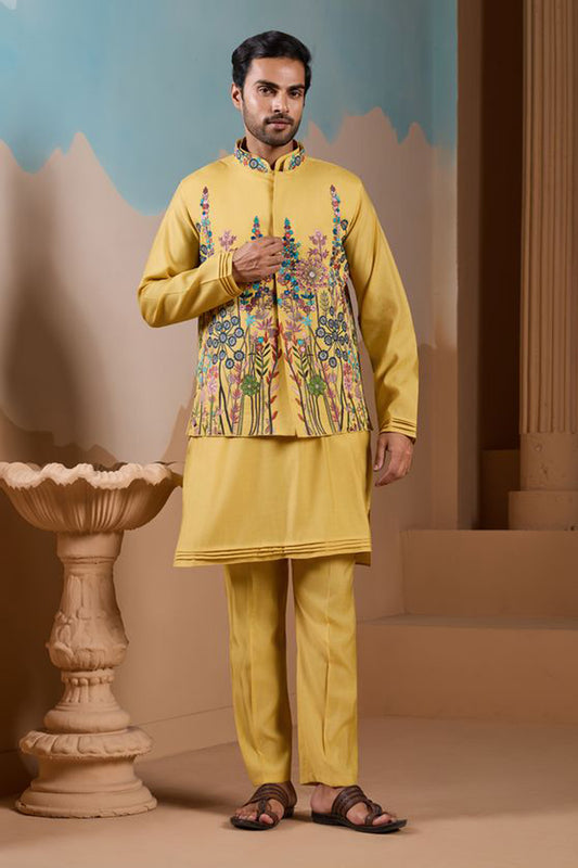 Kurta with koti yellow embroidered silk kurta pajama front view
