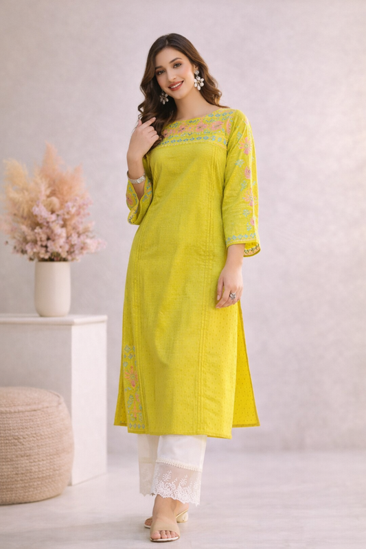 Lemon yellow a-line kurti front view with thread work