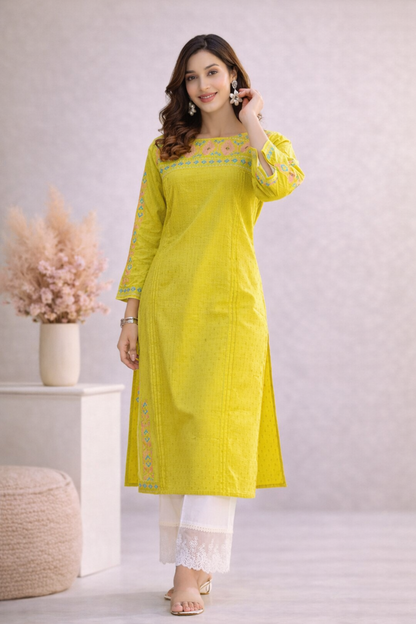 Minimal thread work detail on yellow kurti design